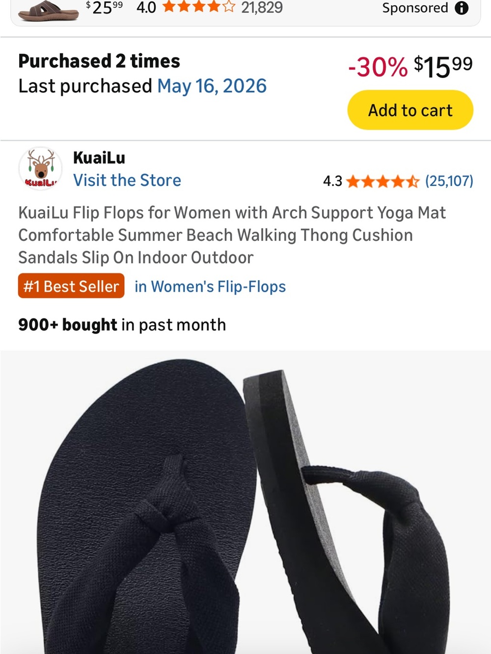 KuaiLu Women's Black Flip Flop Sandals with Arch Support